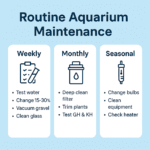 Routine aquarium maintenance infographic divided into weekly, monthly, and seasonal tasks with icons for test kit, filter, and heater on a light blue background.