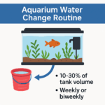 Infographic titled 'Aquarium Water Change Routine' showing a freshwater fish tank with a red bucket, arrows indicating water removal, and text recommending 10–30% weekly or biweekly water changes.