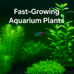 A digital photograph captures a lush underwater aquarium with fast-growing plants like Limnophila sessiliflora and Hygrophila difformis, with a neon tetra swimming mid-frame and the title 'Fast-Growing Aquarium Plants' overlaid.