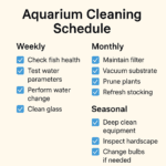 Best Aquarium Cleaning Schedule infographic showing weekly, monthly, and seasonal tasks like water changes, vacuuming substrate, replacing filter media