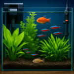 A freshwater aquarium with lush green plants, neon tetras, dwarf gourami, and corydoras, featuring a hang-on-back filter and heater in a well-balanced beginner setup.