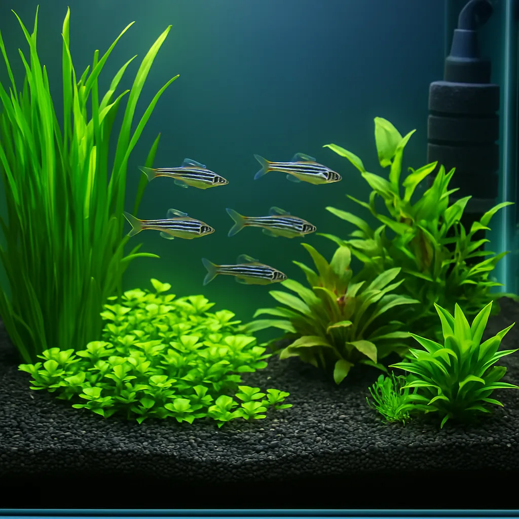A freshwater aquarium with black gravel substrate, live aquatic plants, zebra danios swimming in midwater, and a sponge filter in the background.