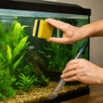 A photograph shows a close-up of hands cleaning a freshwater aquarium, using a yellow sponge to wipe algae from the glass and a gravel vacuum to clean the substrate, surrounded by healthy plants and neon tetras in clear water.