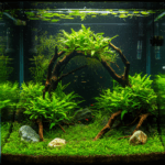 A beautifully maintained freshwater planted aquarium with vibrant green aquatic plants like Java fern, Anubias, and Amazon sword. The tank includes natural driftwood, smooth stones, a nutrient-rich substrate, and gentle lighting from above. Tiny bubbles from CO2 injection are visible on plant leaves, and small fish like neon tetras and Amano shrimp swim peacefully. Floating plants like frogbit create a natural shade on the water surface. The water is crystal clear, and the aquascape looks balanced and lush, creating a serene, natural underwater scene. Shot in high resolution, with a cinematic, nature-inspired atmosphere.