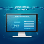 Create a vibrant and modern digital illustration of an interactive Water Change Calculator for aquariums. The image should feature a sleek computer or tablet screen displaying a user-friendly interface with clearly labeled input fields for 'Tank Volume (gallons)' and 'Water Change Percentage.' In the background, include elements like subtle blue water textures, gentle water droplets, and hints of colorful tropical fish or aquatic plants. The overall style should be clean, minimalistic, and engaging, appealing to aquarium enthusiasts looking for efficient maintenance tools