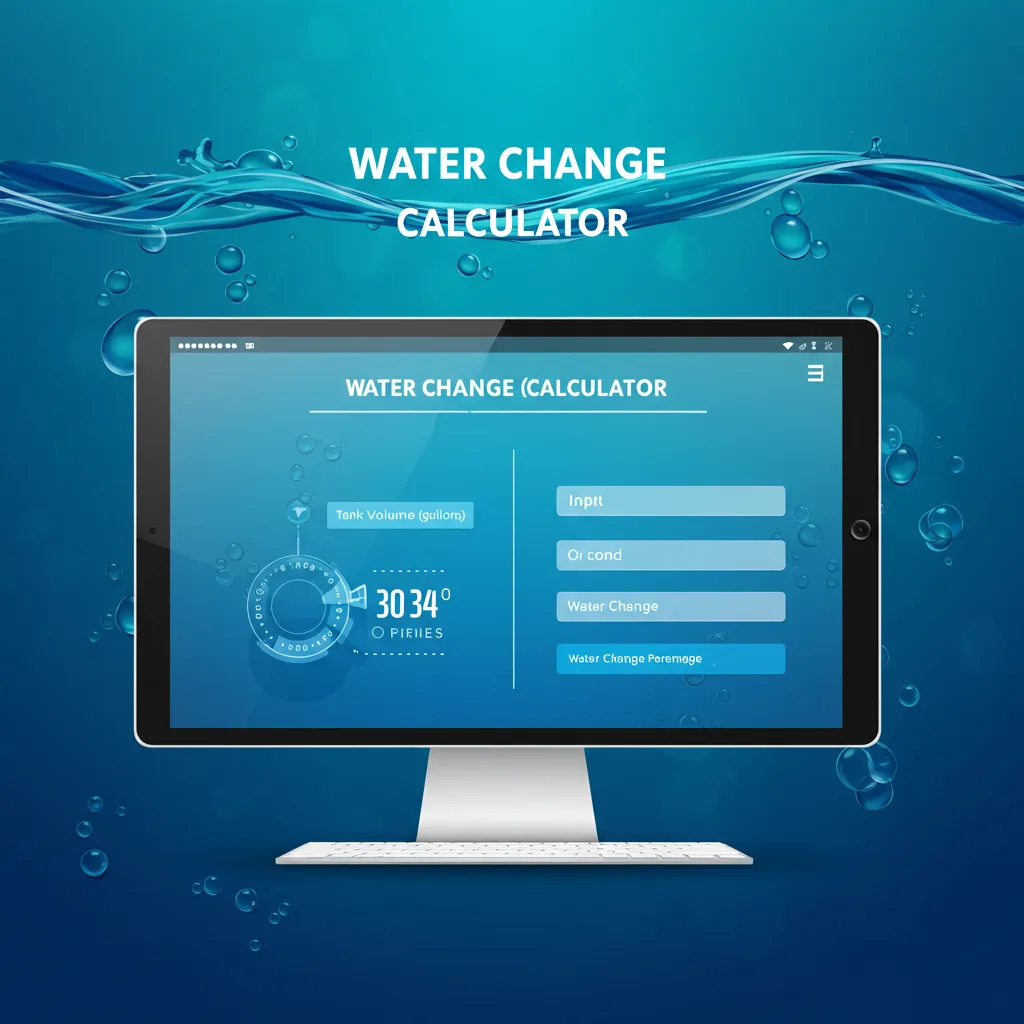 Create a vibrant and modern digital illustration of an interactive Water Change Calculator for aquariums. The image should feature a sleek computer or tablet screen displaying a user-friendly interface with clearly labeled input fields for 'Tank Volume (gallons)' and 'Water Change Percentage.' In the background, include elements like subtle blue water textures, gentle water droplets, and hints of colorful tropical fish or aquatic plants. The overall style should be clean, minimalistic, and engaging, appealing to aquarium enthusiasts looking for efficient maintenance tools