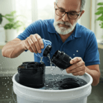 A high-resolution digital illustration of a person gently cleaning an aquarium filter in bucket of water