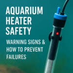 Close-up of a submersible aquarium heater with temperature markings, positioned inside a freshwater fish tank, used to illustrate heater safety and warning signs for aquarium keepers.