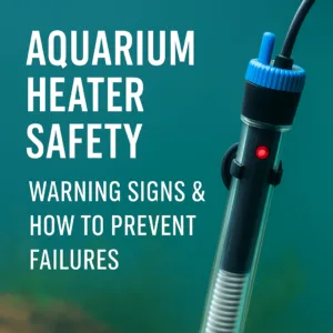 Close-up of a submersible aquarium heater with temperature markings, positioned inside a freshwater fish tank, used to illustrate heater safety and warning signs for aquarium keepers.
