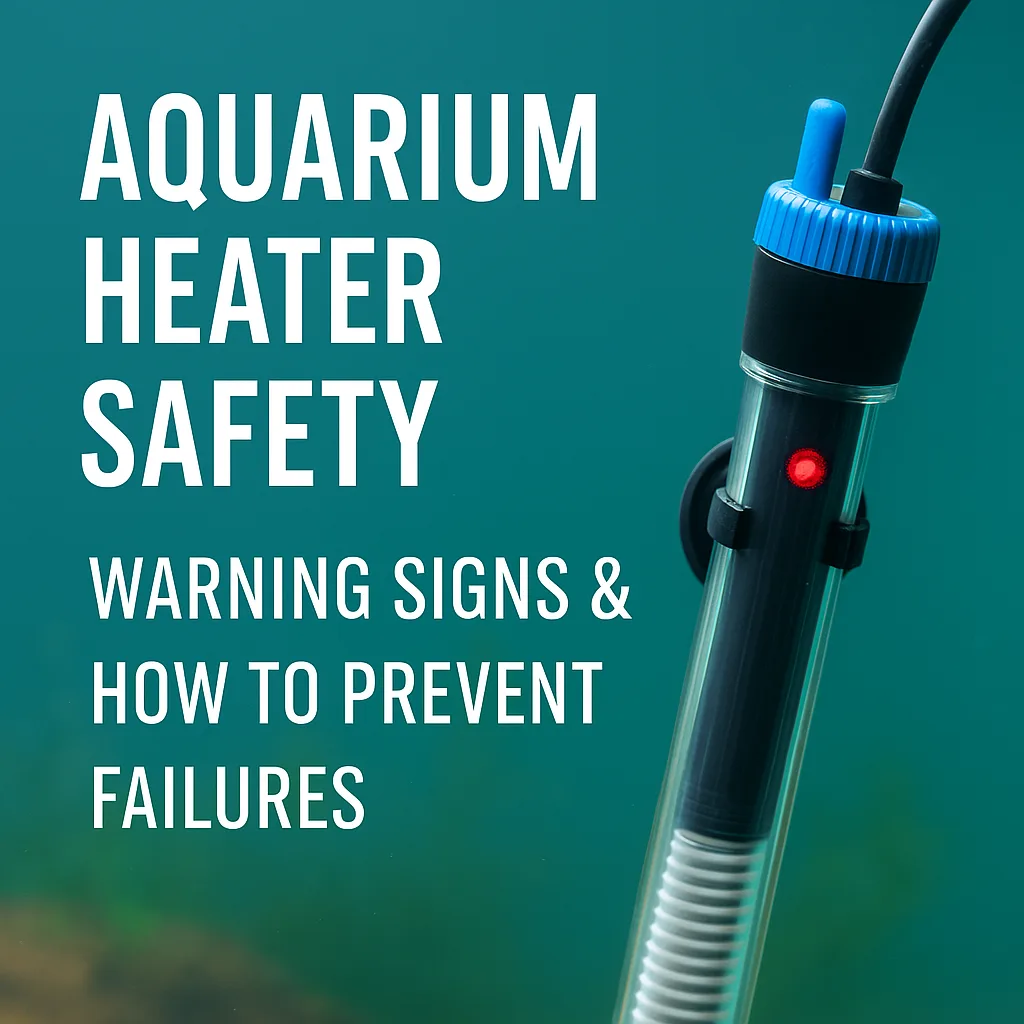 Close-up of a submersible aquarium heater with temperature markings, positioned inside a freshwater fish tank, used to illustrate heater safety and warning signs for aquarium keepers.