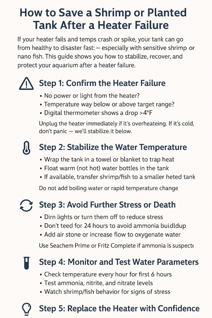 Illustrated guide showing step-by-step aquarium heater failure recovery for shrimp and planted tanks, including temperature stabilization, emergency actions, and safety tips.