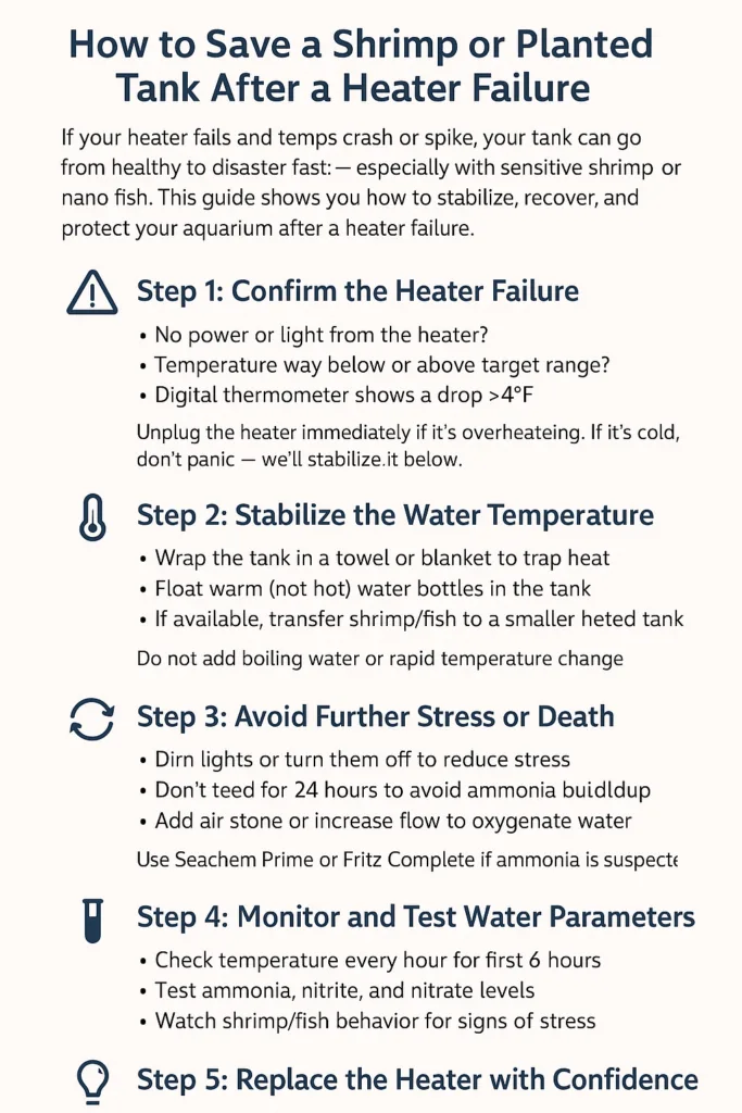 Illustrated guide showing step-by-step aquarium heater failure recovery for shrimp and planted tanks, including temperature stabilization, emergency actions, and safety tips.
