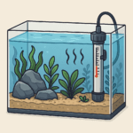 Aquarium heater submerged in tank during emergency setup to prevent livestock loss due to heater failure