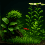 Planted freshwater aquarium with low-light, CO₂-free plants including Anubias, Java moss, dwarf hairgrass, and red root floaters, with a red cherry shrimp visible