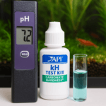 Shrimp tank water testing setup showing digital pH meter reading 7.2, KH test kit, and planted aquarium background with shrimp