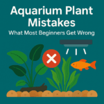 Illustration of common aquarium plant mistakes with icons representing lighting, substrate, fertilizer, trimming, and plant placement in a freshwater tank