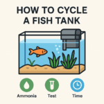 Illustration showing how to cycle a fish tank, featuring a goldfish, water filter, plants, and icons for ammonia, test kits, and time in a clean infographic style.