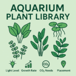 Aquarium Plant Library infographic showing different freshwater plant illustrations with icons for light level, growth rate, CO₂ needs, and tank placement zones.