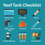 Reef tank checklist graphic with icons for display tank, LED light, heater, filter, live rock, refractometer, protein skimmer, test kits, and corals & fish on a teal background.