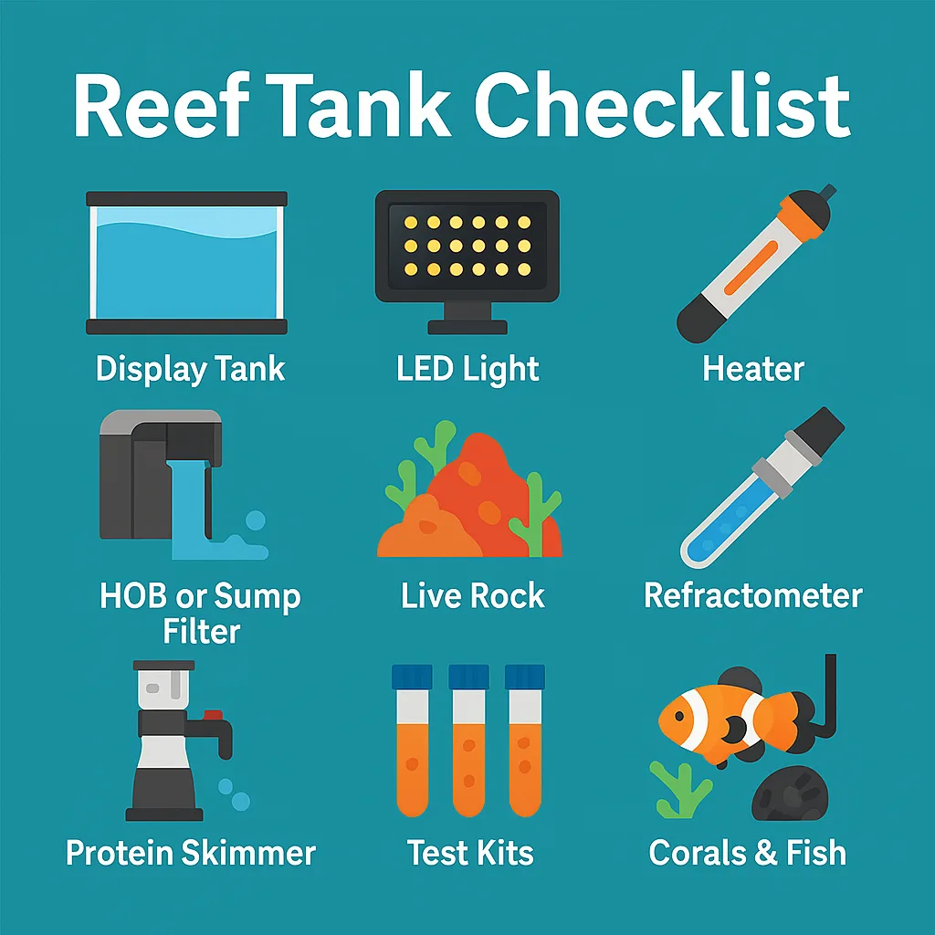 Reef tank checklist graphic with icons for display tank, LED light, heater, filter, live rock, refractometer, protein skimmer, test kits, and corals & fish on a teal background.