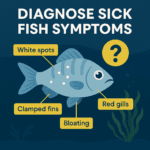 Infographic showing a sick fish with labeled symptoms: white spots, clamped fins, bloating, and red gills, against a blue underwater background.