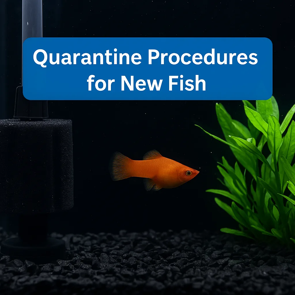 A photograph captures a quarantine tank in an aquarium setup with black gravel, an orange platy fish, a sponge filter on the left, and green aquatic plants on the right, under soft lighting.
