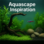 A high-resolution photograph labeled 'Aquascape Inspiration' showing a planted aquarium with vibrant green foliage, twisted driftwood, smooth stones, and a neon tetra swimming mid-frame.