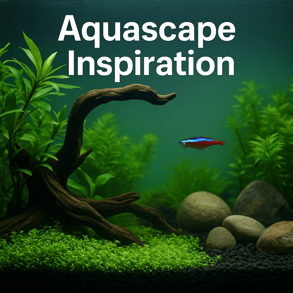 A high-resolution photograph labeled 'Aquascape Inspiration' showing a planted aquarium with vibrant green foliage, twisted driftwood, smooth stones, and a neon tetra swimming mid-frame.