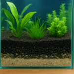 Close-up of a healthy, planted freshwater aquarium with nutrient-rich substrate, visible root growth, carpeting plants, and natural aquascape layout.