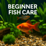 A freshwater aquarium featuring a vibrant orange goldfish, lush green plants, and smooth gravel substrate under soft lighting, with ‘Beginner Fish Care’ text above.