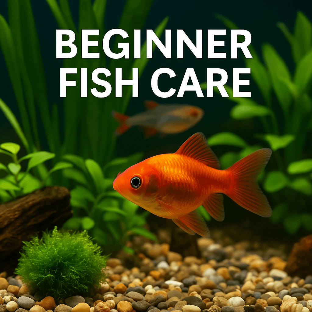 A freshwater aquarium featuring a vibrant orange goldfish, lush green plants, and smooth gravel substrate under soft lighting, with ‘Beginner Fish Care’ text above.