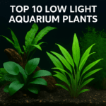 A planted aquarium with low light plants including Java Fern, Anubias, Cryptocoryne, and Java Moss thriving in soft lighting