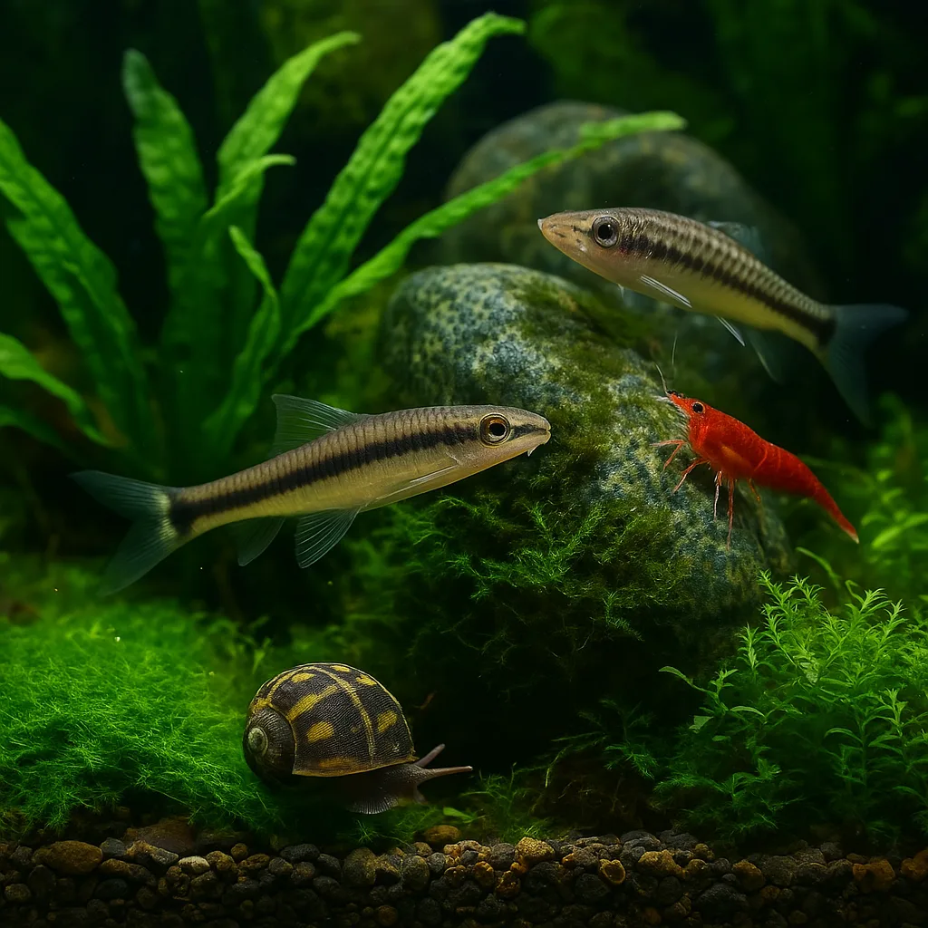 A photograph captures an underwater scene in a freshwater aquarium with two Siamese algae eaters, a red cherry shrimp, and a nerite snail among lush green plants and algae-covered rocks.