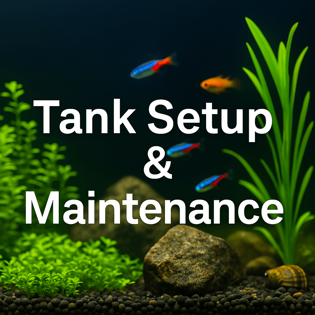 A planted freshwater aquarium with gravel substrate, rocks, green aquatic plants, and colorful neon tetras swimming in clear water, labeled 'Tank Setup & Maintenance' in bold white text.