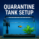 A digital photograph features a quarantine tank setup with black gravel, an orange platy fish, a sponge filter on the left, and green aquatic plants on the right under LED lighting, labeled 'Quarantine Tank Setup' on a blue background.