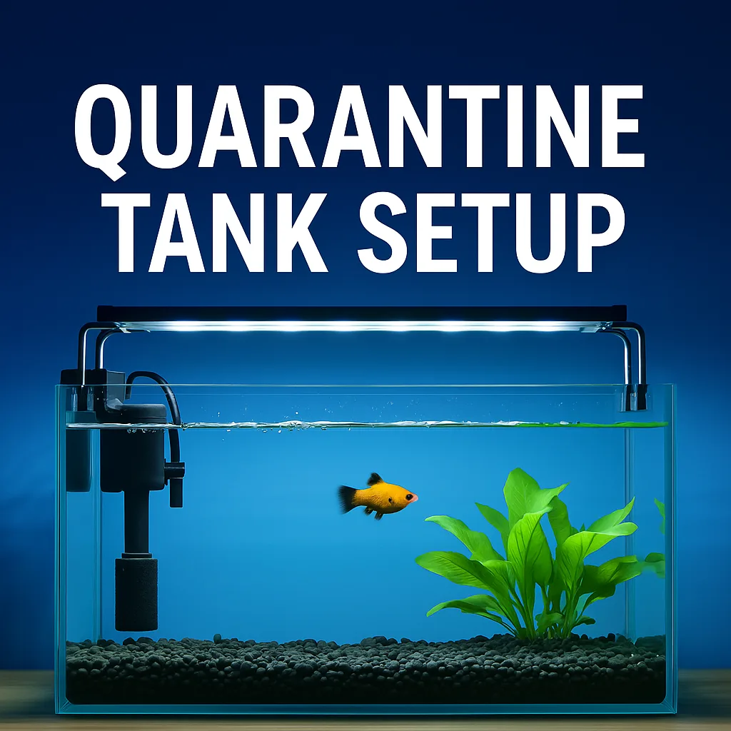 A digital photograph features a quarantine tank setup with black gravel, an orange platy fish, a sponge filter on the left, and green aquatic plants on the right under LED lighting, labeled 'Quarantine Tank Setup' on a blue background.