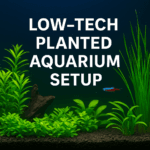A digital photograph with overlaid text showcases a low-tech planted aquarium featuring vibrant green aquatic plants, dark gravel, driftwood, and a neon tetra swimming in clear water under soft lighting, labeled 'Low-Tech Planted Aquarium Setup'