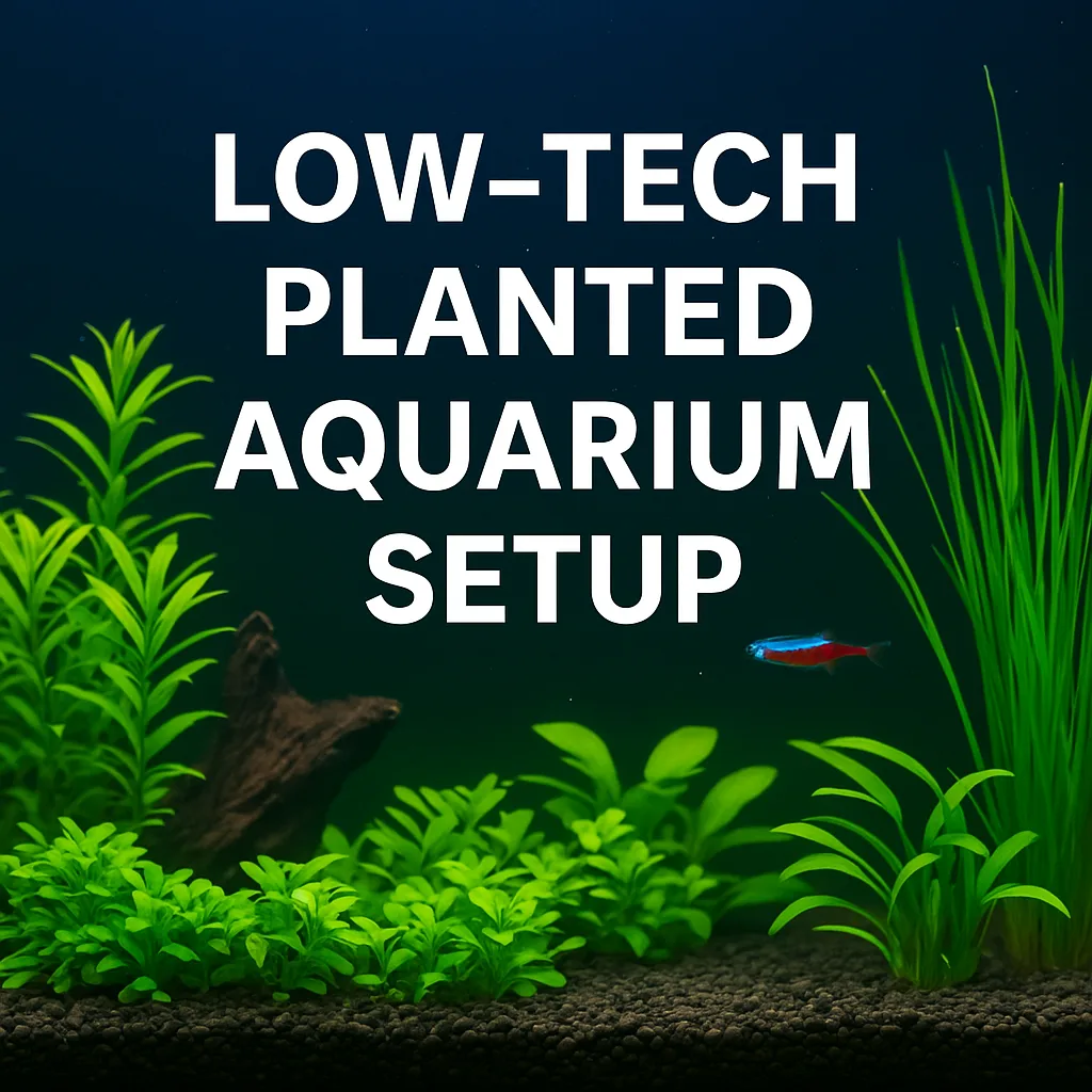 A digital photograph with overlaid text showcases a low-tech planted aquarium featuring vibrant green aquatic plants, dark gravel, driftwood, and a neon tetra swimming in clear water under soft lighting, labeled 'Low-Tech Planted Aquarium Setup'