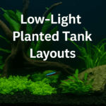 A digital photograph with overlaid text shows a low-light planted aquarium with driftwood, lush green plants, a neon tetra, and dark gravel, illuminated by soft aquarium lighting, labeled 'Low-Light Planted Tank Layouts'