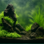 freshwater aquascape within a glass tank, featuring rugged black rocks, lush green aquatic plants, and textured dark substrate under soft lighting.