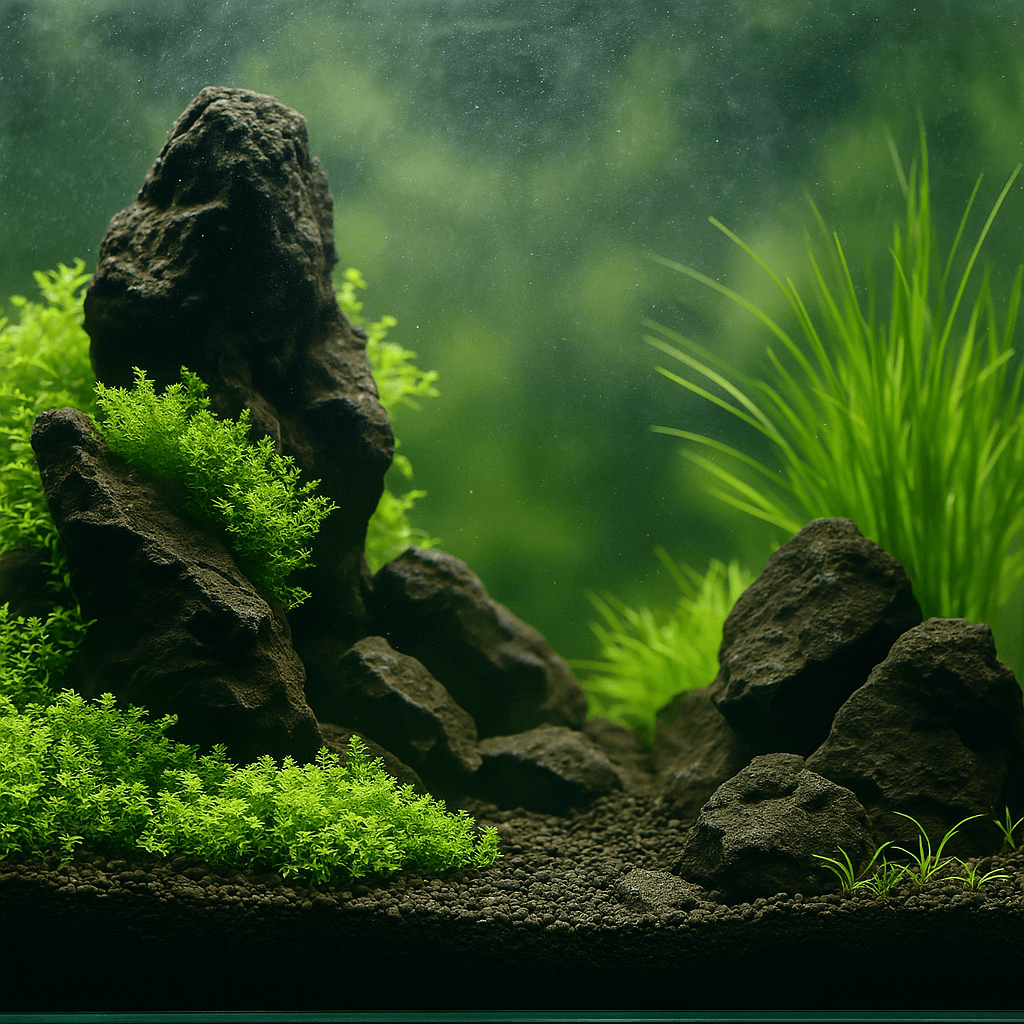 freshwater aquascape within a glass tank, featuring rugged black rocks, lush green aquatic plants, and textured dark substrate under soft lighting.
