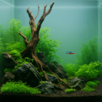 nature-inspired aquascape inside a glass aquarium, featuring driftwood, dark stones, lush aquatic plants, and a single neon tetra swimming mid-tank.