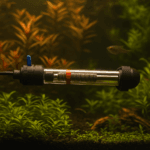 close-up view of a submersible aquarium heater with a visible coiled element, surrounded by lush aquatic plants and a small fish swimming in the background.