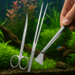 close-up view of a planted aquarium with aquascaping scissors, tweezers, and a substrate flattener tool resting against lush greenery and driftwood.