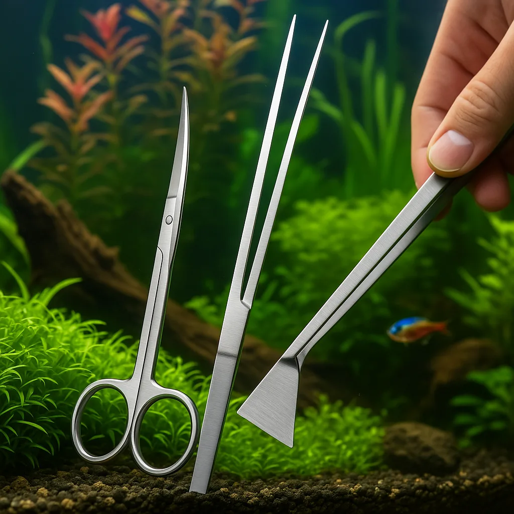 close-up view of a planted aquarium with aquascaping scissors, tweezers, and a substrate flattener tool resting against lush greenery and driftwood.