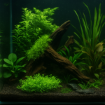 showcases a lush, planted freshwater aquarium with vibrant green aquatic plants, driftwood, and dark nutrient-rich substrate under soft lighting
