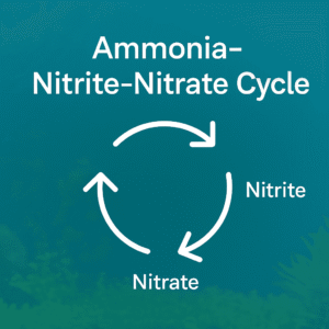graphic displays the 'Ammonia-Nitrite-Nitrate Cycle' with white circular arrows connecting each stage on a blue-green background.