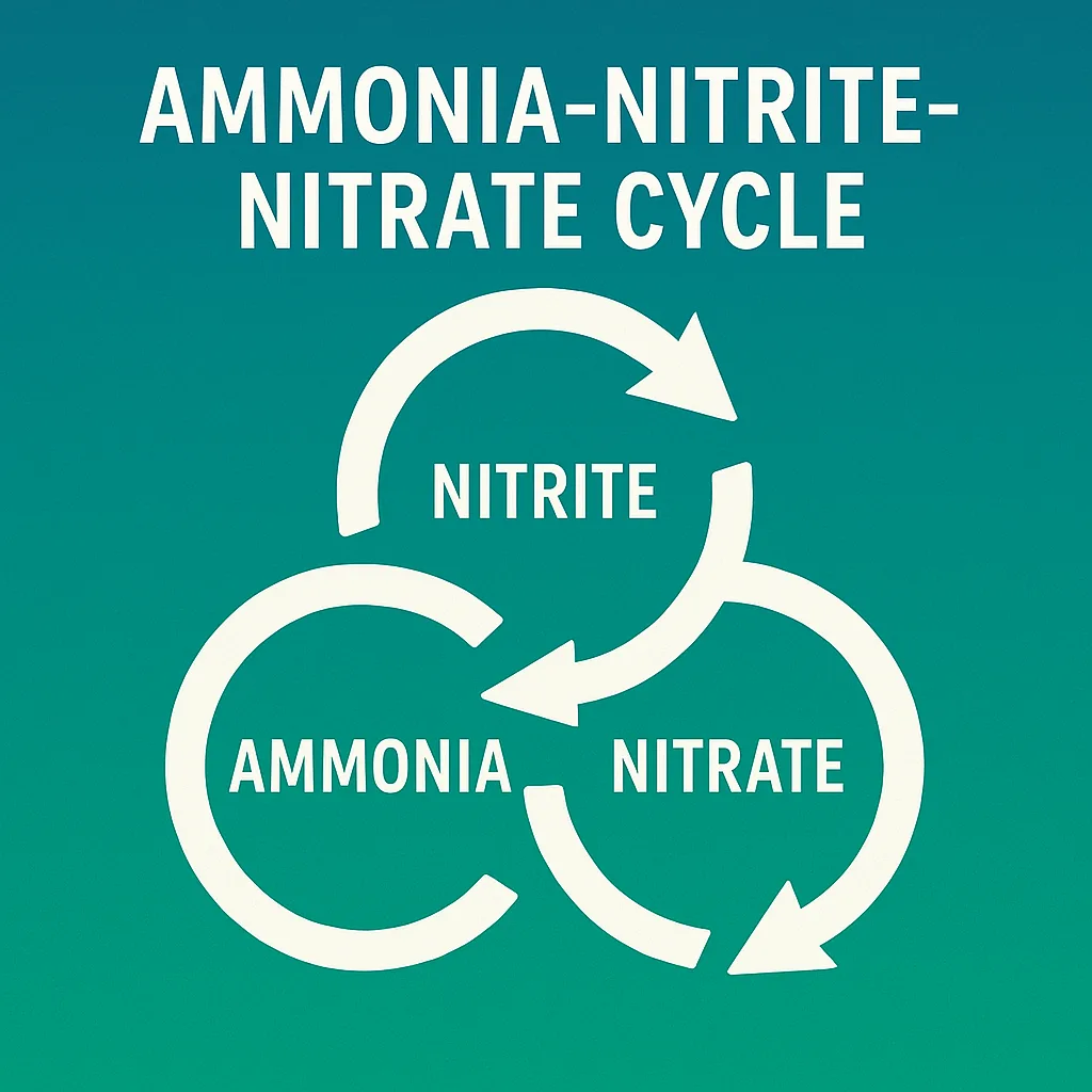 educational diagram of the 'Ammonia-Nitrite-Nitrate Cycle' using three bold circular arrows labeled with ammonia, nitrite, and nitrate on a gradient teal background