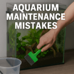 A digital photograph with overlaid text captures a hand cleaning aquarium glass with a green algae scraper in a planted tank, labeled 'Aquarium Maintenance Mistakes.