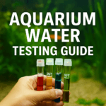 A digital photograph features a hand holding four colored aquarium water test vials—red, yellow, blue, and green—against a lush planted tank, with the text 'AQUARIUM WATER TESTING GUIDE' in bold white font.